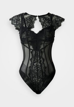 Black lace bodysuit with cap sleeves, sheer mesh panels, and structured seams for shape and support.