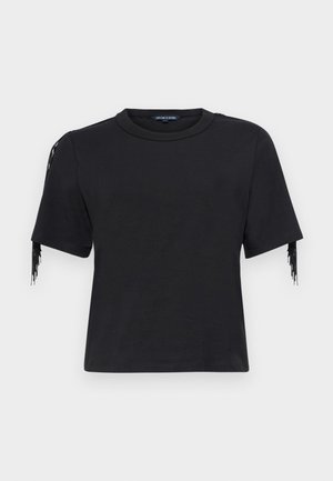 Black short-sleeve t-shirt made of soft fabric, featuring fringe detail on the left shoulder, crew neck, and a relaxed fit.