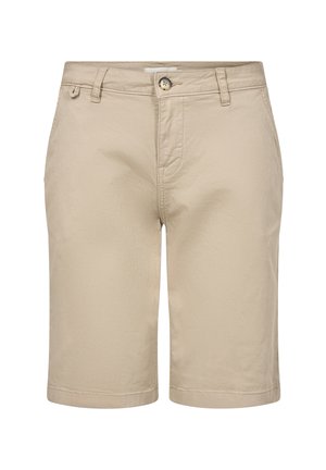 Beige Shorts aus weichem Stoff, mit Knopfverschluss, Gürtelschlaufen und umgeschlagenen Säumen. Glatte Textur ohne sichtbare Muster oder Akzente.