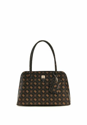 Sac à main Guess noir et marron avec double poignée, motif logo sur l'ensemble, fermeture avant et étiquette de marque suspendue.