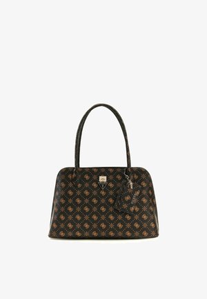 Sac à main Guess noir et marron avec double poignée, motif logo sur l'ensemble, fermeture avant et étiquette de marque suspendue.