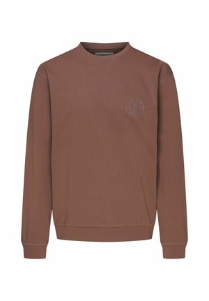 Brauner Pullover aus Baumwolle mit langen Ärmeln, Rundhalsausschnitt, gerippten Bündchen und einem kleinen gestickten Logo auf der Brust.