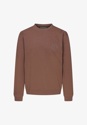 Brauner Pullover aus Baumwolle mit langen Ärmeln, Rundhalsausschnitt, gerippten Bündchen und einem kleinen gestickten Logo auf der Brust.