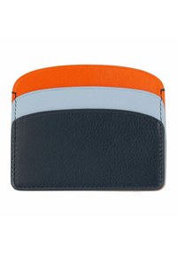 Portafoglio in pelle con tre sezioni di colore: arancione nella parte superiore, azzurro chiaro al centro e blu navy scuro in fondo. Superficie texturizzata.