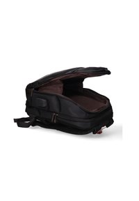 Zaino nero con zip superiore, interno marrone, schienale imbottito, spallacci regolabili e due tasche laterali per un facile stoccaggio.