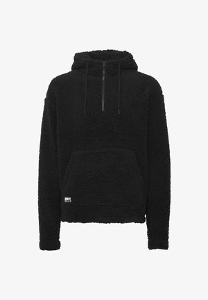 Haut à capuche en polaire noire avec une fermeture éclair sur le devant, texture épaisse, capuche avec cordon de serrage et poche kangourou à l'avant. Petite étiquette de marque à l'ourlet.