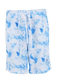 Blå og hvite badeshorts med marmormønster, elastisk midjebånd med snøring, og en logo på nedre høyre side.