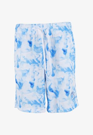 Blå og hvide badebukser med marmoreret mønster, elastisk talje med snørelukning og et logo på nederste højre side.