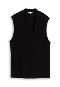 Schwarzer, gestrickter ärmelloser Pullover mit tiefem V-Ausschnitt, strukturiertem Stoff und geripptem Saum. Einfaches Design ohne zusätzliche Muster oder Akzente.