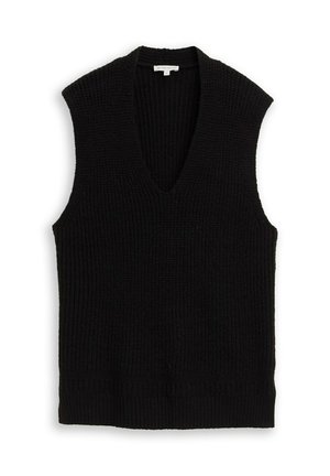 Schwarzer, gestrickter ärmelloser Pullover mit tiefem V-Ausschnitt, strukturiertem Stoff und geripptem Saum. Einfaches Design ohne zusätzliche Muster oder Akzente.