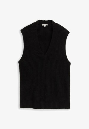 Schwarzer, gestrickter ärmelloser Pullover mit tiefem V-Ausschnitt, strukturiertem Stoff und geripptem Saum. Einfaches Design ohne zusätzliche Muster oder Akzente.
