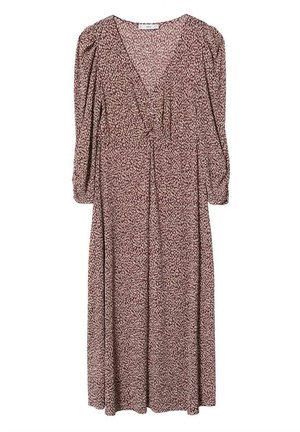 Robe midi à manches longues avec imprimé abstrait rose et marron, col en V, taille froncée et épaules légèrement bouffantes.