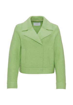Green wool-blend cropped jacket with a notched collar, long sleeves, and two front pockets, featuring a textured finish and subtle stitching details.