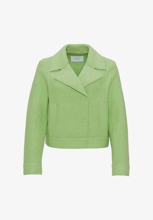 Grüne Wollmischung Cropped-Jacke mit Reverskragen, langen Ärmeln und zwei vorderen Taschen, ausgestattet mit einer strukturierten Oberflächenbeschaffenheit und dezenten Steppdetails.