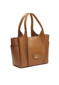 Borsa a tracolla in pelle marrone con scomparti multipli, superficie testurizzata, doppio manico e un dettaglio del logo in tono oro sul davanti.