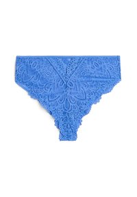 Lace blue panties featuring floral and paisley patterns, scalloped edges, and a delicate texture. Designed with a semi-sheer look.