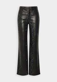 Pantalon noir taille haute à jambes larges avec un motif subtil brillant effet peau de serpent et une fermeture à boutons sur le devant.