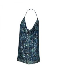 Pailletten-Top in einer tiefblauen und grünen Farbpalette. Es hat einen lockeren Schnitt, verstellbare dünne Träger und eine schimmernde, strukturierte Oberfläche.