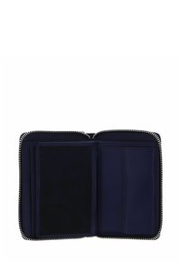 Portefeuille en cuir bleu marine avec fermoir à glissière. L'intérieur comprend des emplacements pour cartes et un compartiment doublé de tissu, le tout avec une finition lisse et mate.