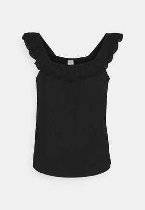 Zwarte geribbelde mouwloze top met brede gerufflede halslijn en kanten rand, plat gelegd op een lichte achtergrond.