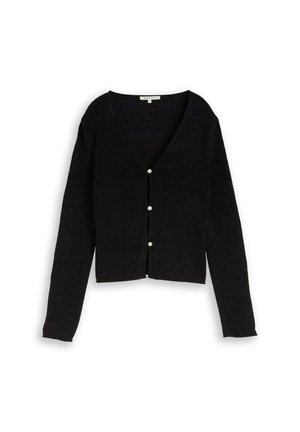 Cardigan court noir à manches longues, encolure en V et trois boutons blancs sur le devant, présenté sur fond blanc.