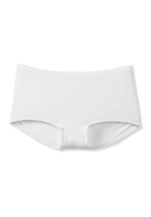 White swim shorts with a smooth texture, rectangular shape, and elastic waistband. Features a mid-rise cut and minimal design.