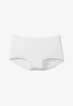 Witte zwemshorts met een gladde textuur, rechthoekige vorm en elastische tailleband. Kenmerkt zich door een medium hoge snit en een minimalistisch ontwerp.