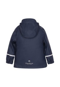 Jūrinis vandeniui atsparus džemperis su gobtuvu, elastinėmis rankovėmis ir baltais atspindinčiais juostelėmis. Lygi tekstūra su paprasta logotipo detale apvade.