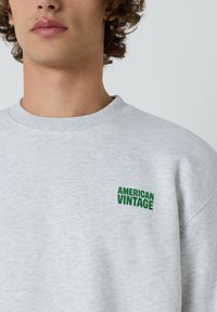 Muž v svetlo šedej mikine s textom „AMERICAN VINTAGE“ v zelenej farbe na hrudi, skrátenej pod očami a nad pásom.