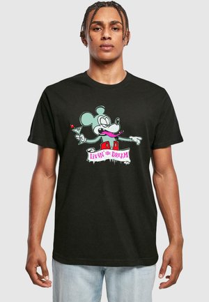 Sort bomulds t-shirt med en tegneserie-mus grafik, der holder en drink, med teksten "Livin' the Dream" i pink og grønne nuancer.