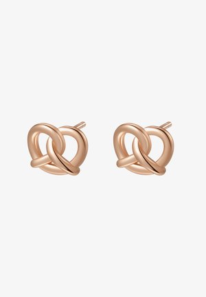 Pendientes de botón de metal en oro rosa con forma de corazones entrelazados, con un acabado liso y pulido y postes rectos.