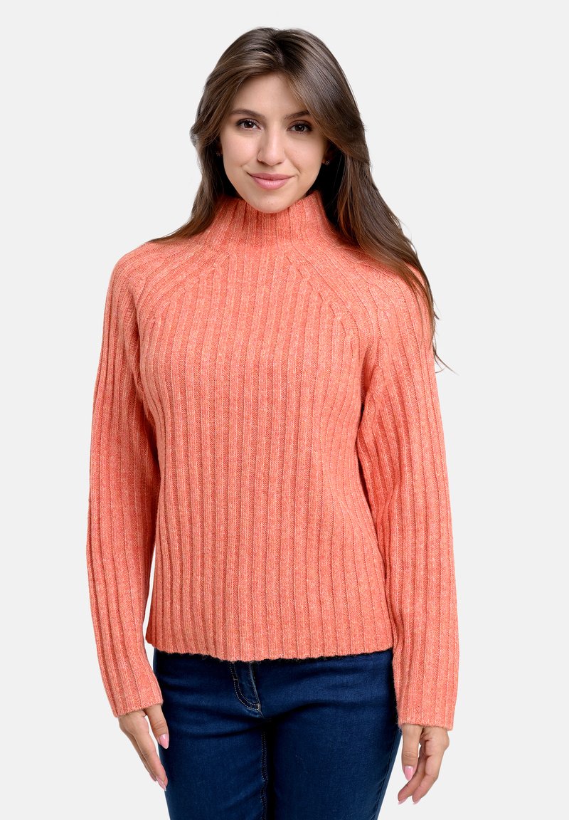 Helles korallenfarbener, gerippter Pullover mit hohem Kragen, langen Ärmeln und einem leicht verkürzten Saum. Hergestellt aus einem strukturierten Strickstoff.