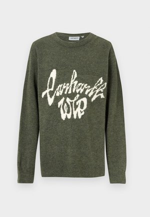 Olivgrön tröja i stickad kvalitet, med ett vitt, luddigt textlogotyp i stiliserad font över framsidan, rundad halsringning och långa ärmar.