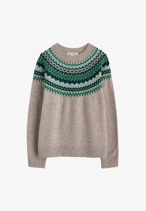 Pull en maille beige clair avec des poignets et un ourlet côtelés, présentant un détail de yoke à motifs verts, bleu-vert et bleus autour de l'encolure.