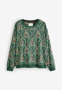 Hanorac verde cu un model floral cu trandafiri roșii și frunze, guler rotund și mansete și tiv cu textură. Material moale și texturat.