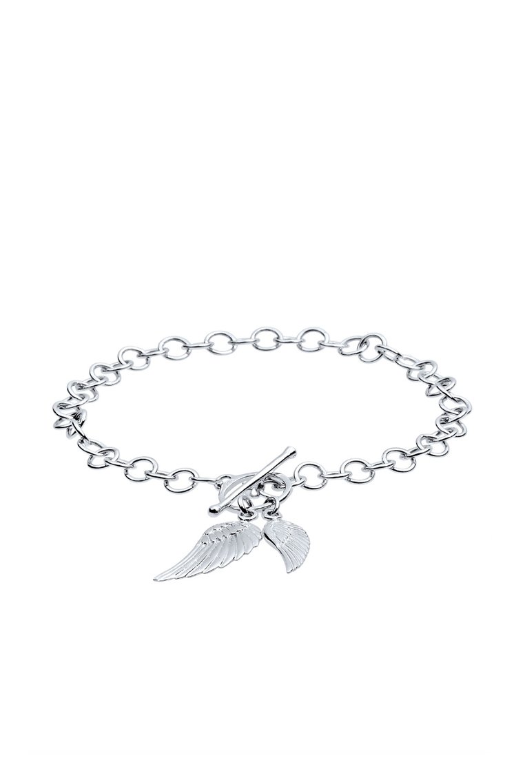 Silberne Kettenarmband mit zwei flügelartigen Charms, einem Toggle-Verschluss und einer polierten Oberfläche. Schlichtes und leichtes Design.