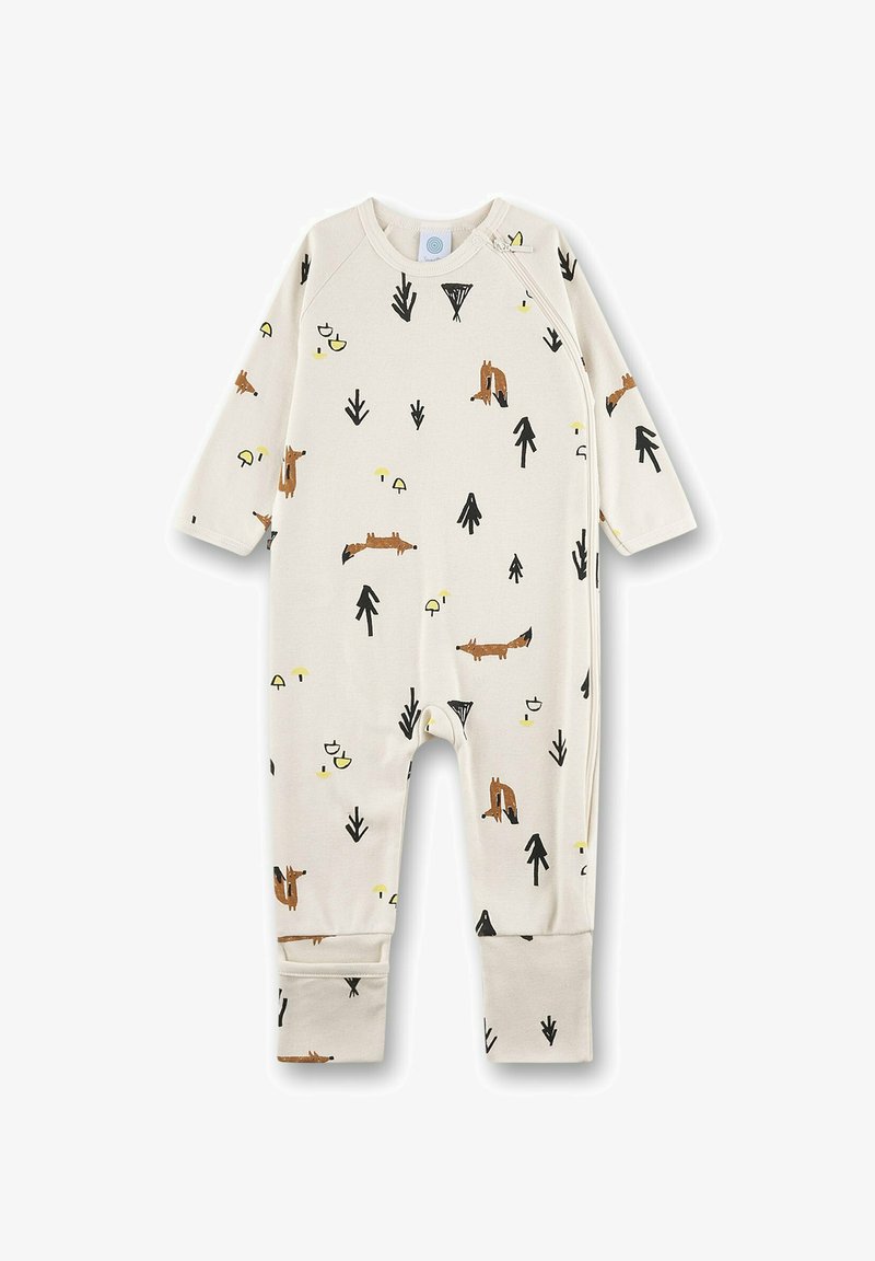 Cream-colored onesie featuring a mix of animal and plant patterns in brown, black, and yellow. Long sleeves and cuffed ankles for comfort.