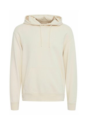 Beige hoodie with a drawstring hood, front pocket, and ribbed cuffs and hem. Made from soft material, featuring a smooth, plain texture.