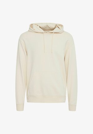 Beige hoodie with a drawstring hood, front pocket, and ribbed cuffs and hem. Made from soft material, featuring a smooth, plain texture.
