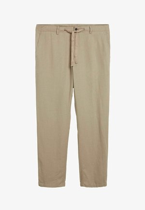 Helle beigefarbene Hose aus leicht strukturiertem Stoff, mit einer vorderen Knopfleiste, einem Kordelzugbund und zwei Seitentaschen.