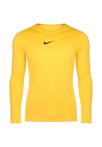 Gelbes langärmliges Sportshirt aus glattem Material, mit einem schwarzen Nike-Logo auf der Brust und einem Rundhalsausschnitt.