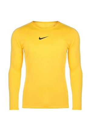 Geel longsleeve sportshirt gemaakt van gladde stof, met een zwart Nike-logo op de borst en een ronde halsontwerp.