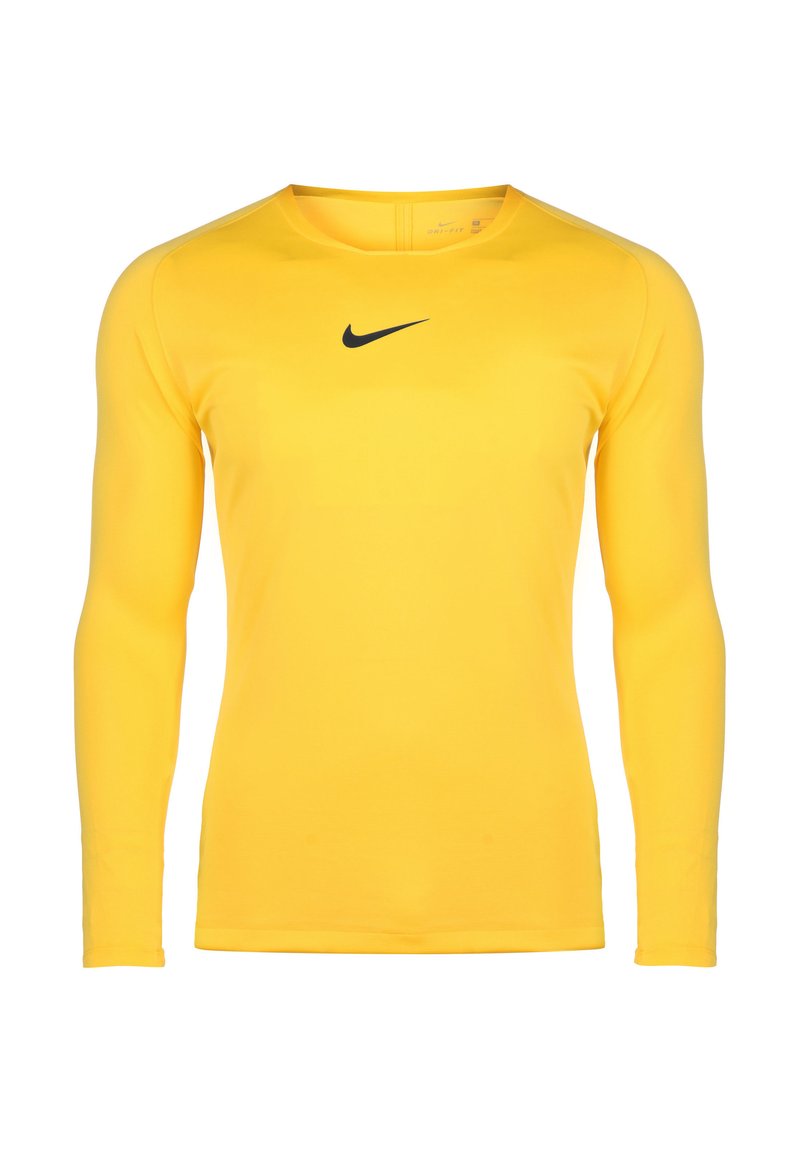 Gelbes langärmliges Sportshirt aus glattem Material, mit einem schwarzen Nike-Logo auf der Brust und einem Rundhalsausschnitt.