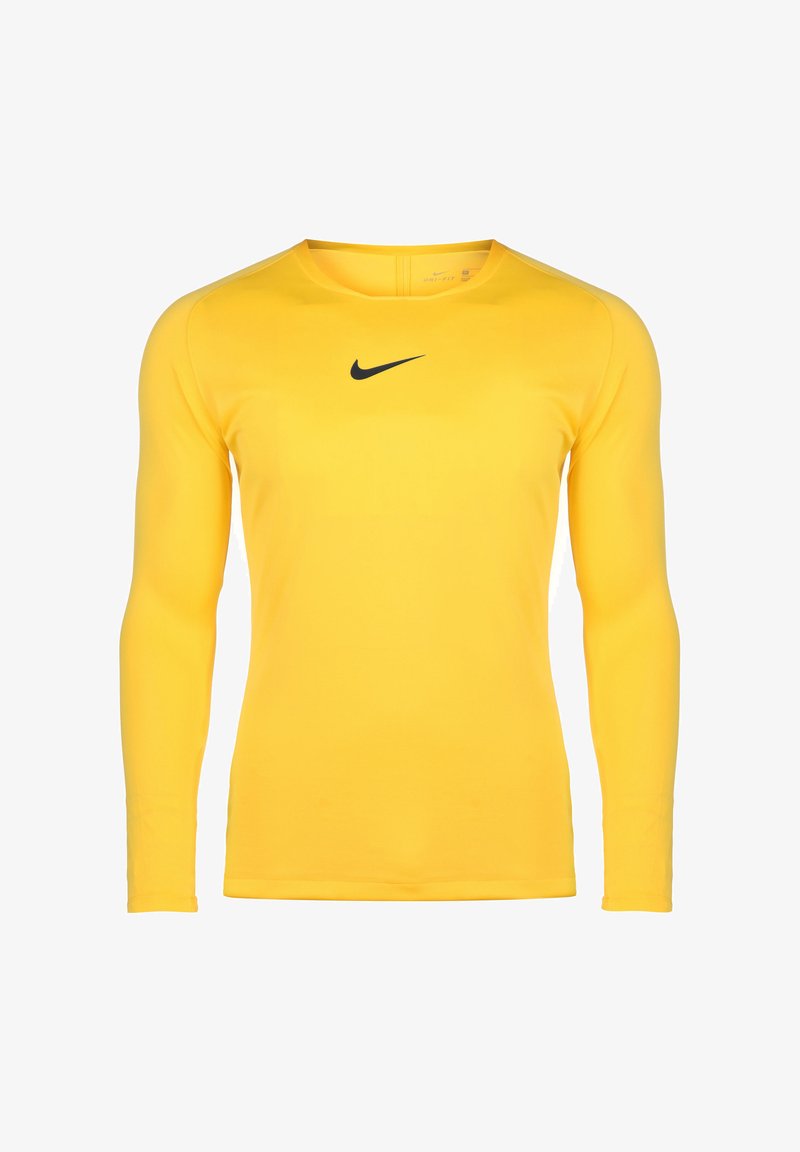 Gelbes langärmliges Sportshirt aus glattem Material, mit einem schwarzen Nike-Logo auf der Brust und einem Rundhalsausschnitt.