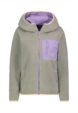 Fleecejack in lichtgroen met een paarse borstzak. Voorzien van een grote capuchon, een rits aan de voorkant en beige accenten in contrast aan de randen.