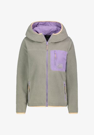 Fleecejack in lichtgroen met een paarse borstzak. Voorzien van een grote capuchon, een rits aan de voorkant en beige accenten in contrast aan de randen.