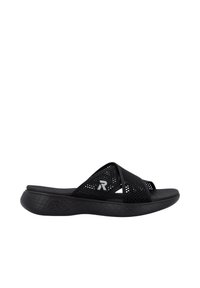 Black slide sandals with mesh upper, cross-strap design, cushioned sole, and textured outsole. Features small logo on strap.