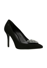 Černá semišová vysoká bota na podpatku s špičatou špičkou a dekoračním kamínkovým akcentem na svršku. Disponuje elegantním, hladkým vnitřkem.