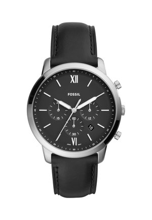 Men's Fossil wristwatch with black leather strap, black dial, silver case, three subdials, date window, and Roman numerals XII and VI.
