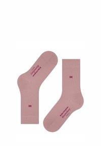 Calzini di cotone rosa con una superficie liscia, caratterizzati da un motivo di piccoli dettagli e un logo di un rosa scuro su ciascun calzino.